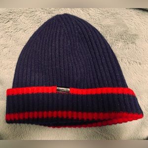 BURBERRY wool/cashmere Beanie, Navy & Red